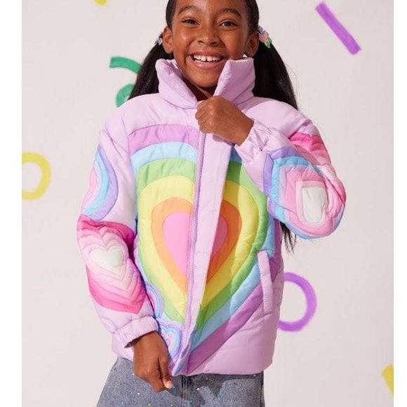 LOLA + THE BOYS GIRLS RAINBOW HEART PUFFER JACKET SIZE 10 - Picture 3 of 16